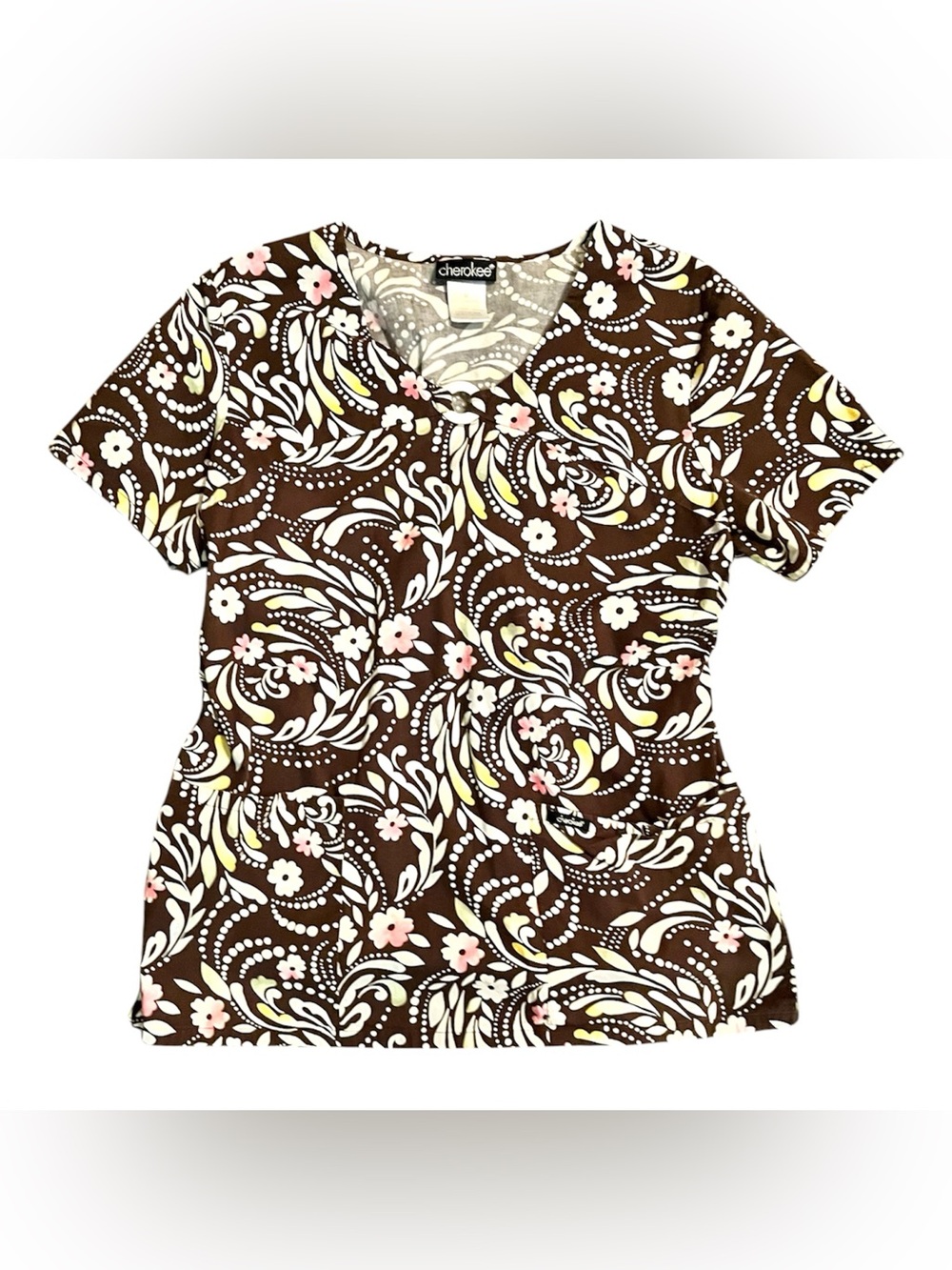 Vintage Y2K early 2000s Cherokee Women's Brown Floral Print keyhole Scrub Top